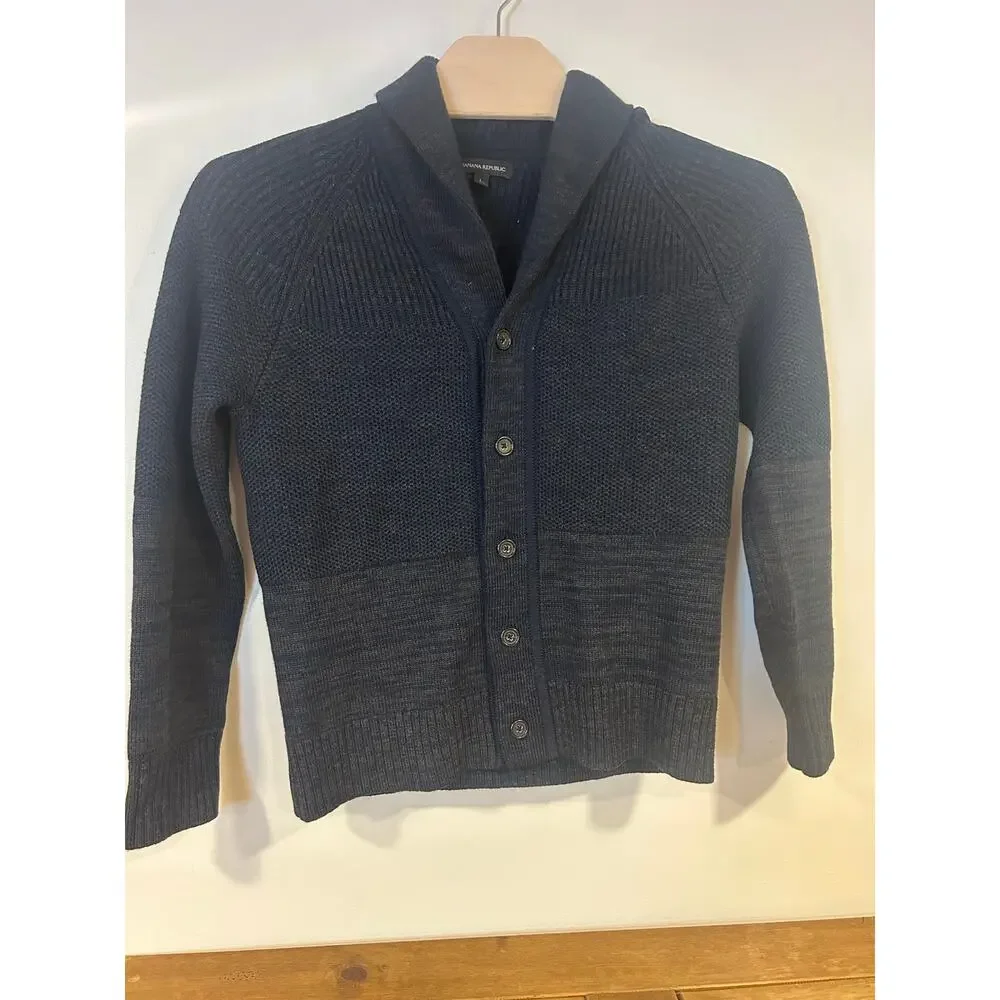 Banana Republic L Cardigan Dark Blue Shawl-Collar Ribbed Grandpa-Core Fine Wool